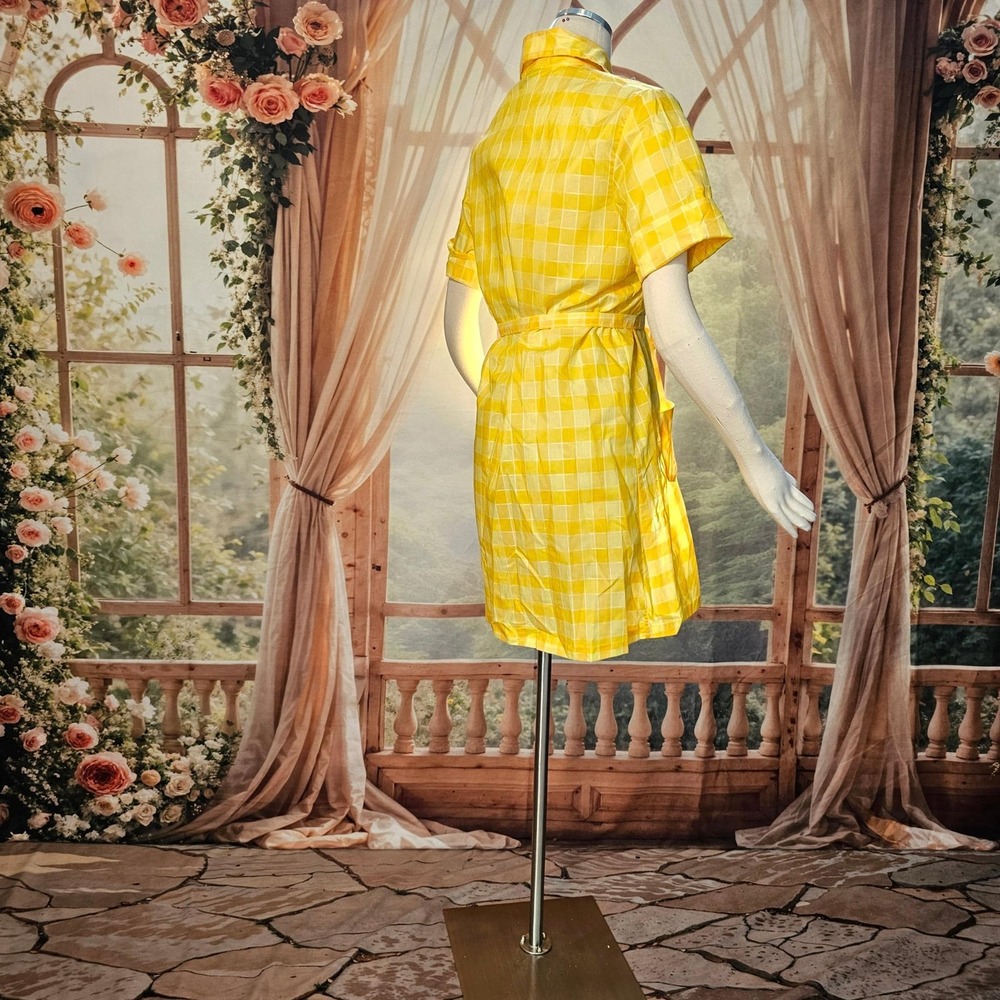Vintage 1970s Dress Minidress Yellow Plaid Short Sleeve Buttons Pointed Collar - Picture 15 of 16